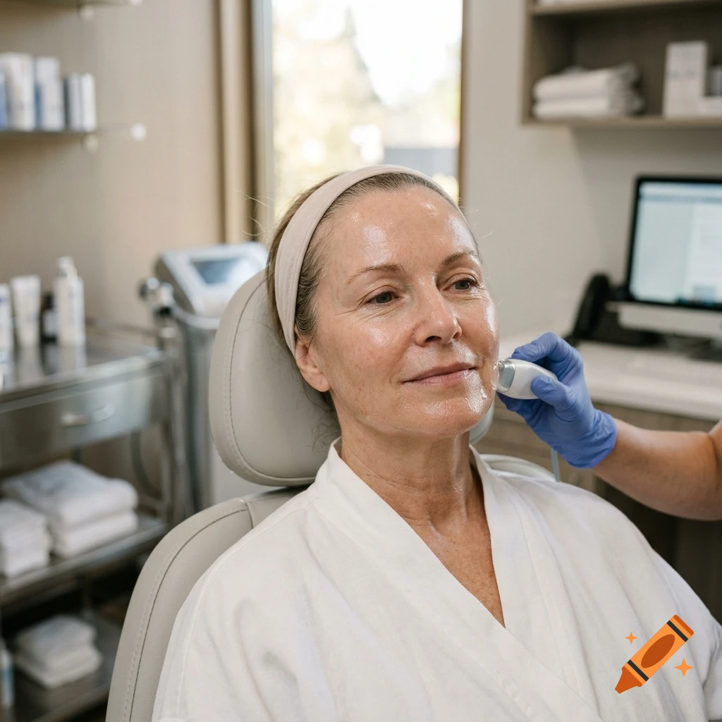 Photorealistic image of a woman receiving a facial treatment with a medical device in a clinic.