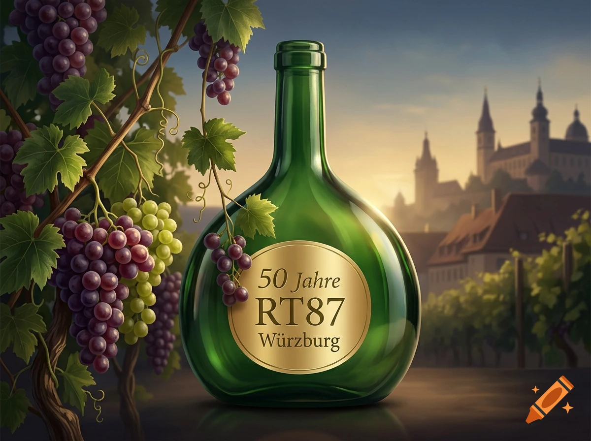 A green bocksbeutel wine bottle with a gold label reading 50 Jahre RT87 Würzburg, surrounded by grapes and vines, with a city silhouette in the background.