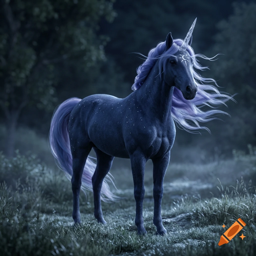 Photorealistic dark blue unicorn with a glowing purple mane, starry coat, and a crystalline horn standing in a misty forest.