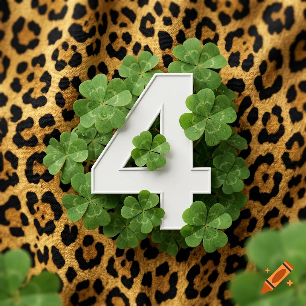 A white number 4 surrounded by green four-leaf clovers against a leopard print fabric background.
