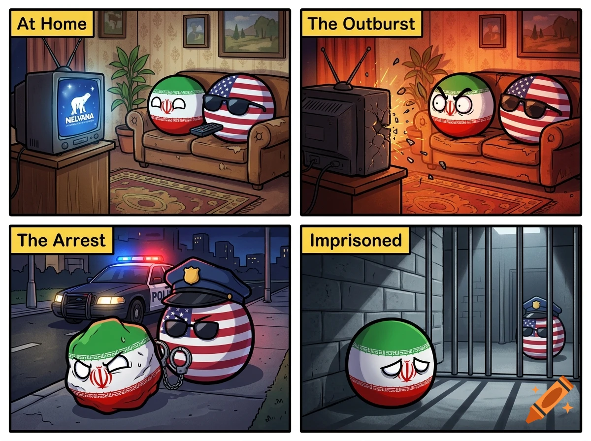 A four-panel comic strip featuring Countryballs representing Iran and the United States in various scenarios.