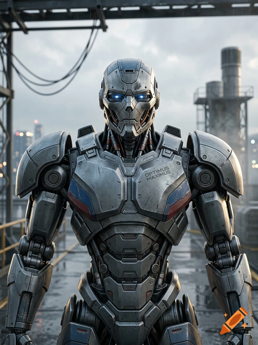 Photorealistic close-up of a metallic humanoid robot with glowing blue eyes, standing on an industrial platform.