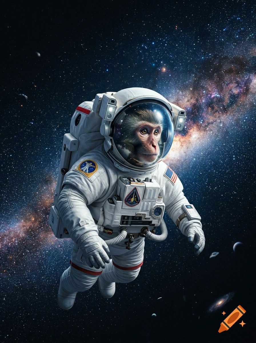 Photorealistic image of a monkey wearing an astronaut suit floating in space against a backdrop of the Milky Way galaxy.