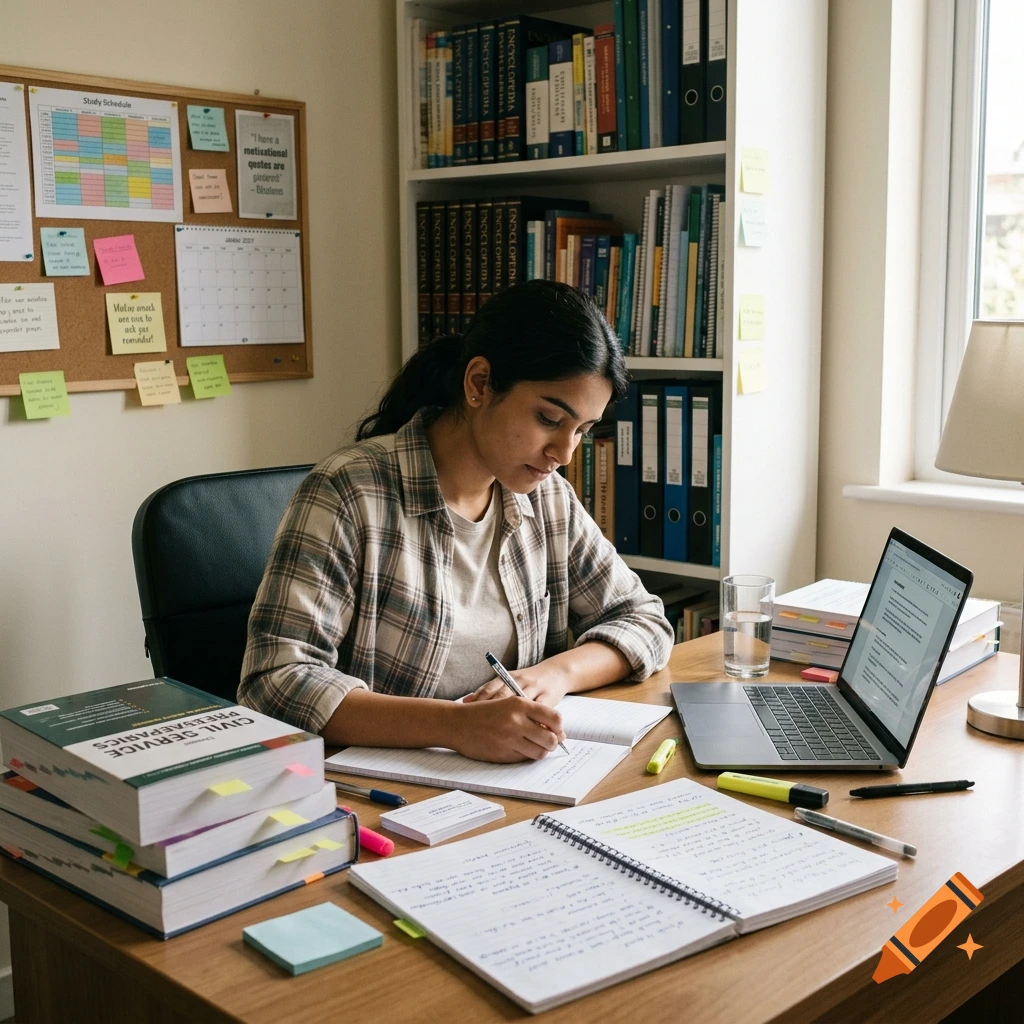 A young woman sitting at a desk studying with books, notes, and a laptop in a brightly lit room, photorealistic.