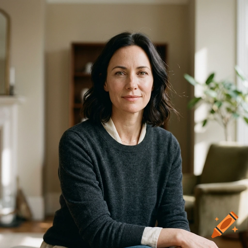 Photorealistic portrait of a middle-aged woman with dark hair in a brightly lit indoor living room setting.