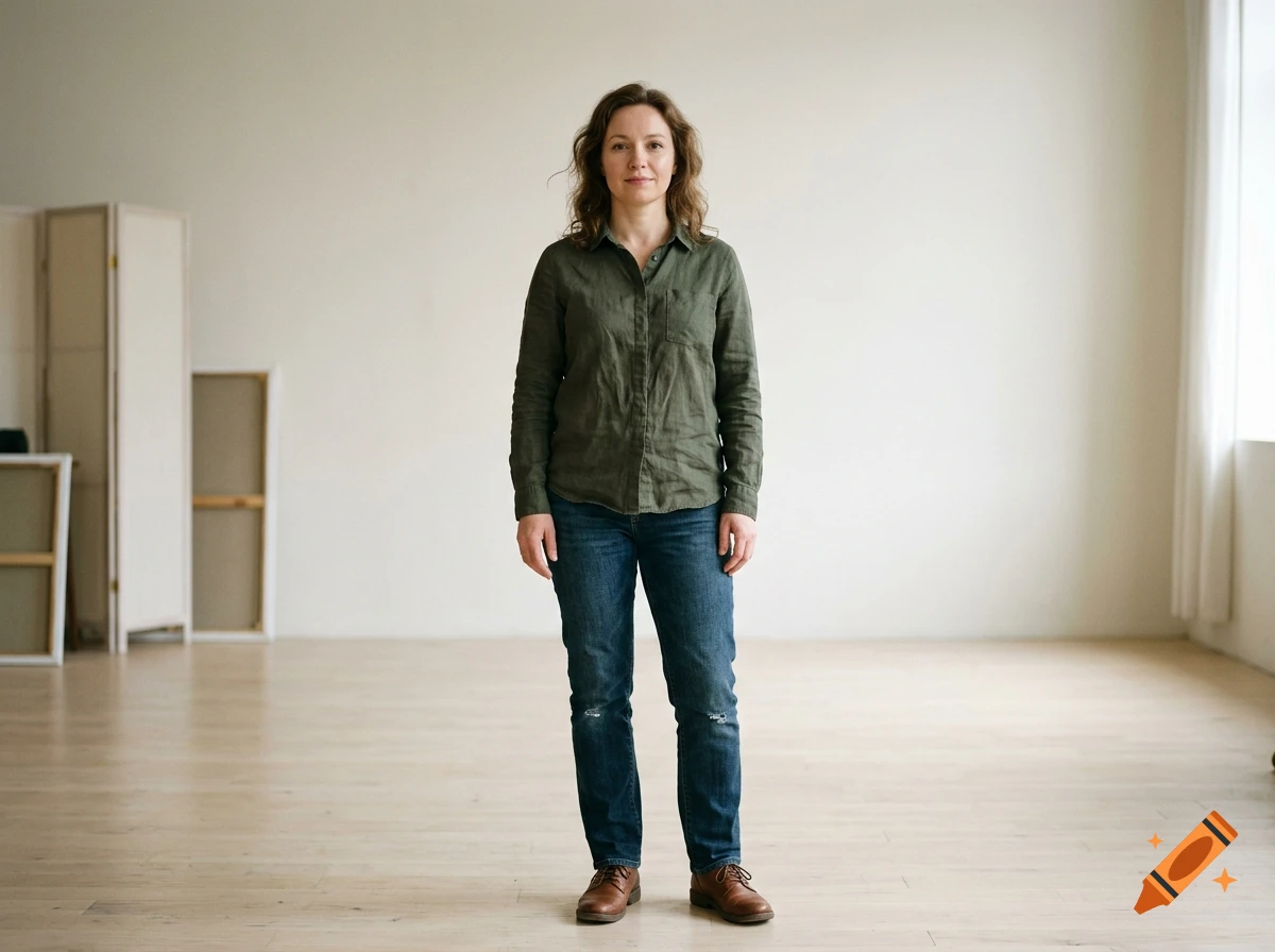 Full-length photorealistic portrait of a woman standing in a minimalist room with a wooden floor.