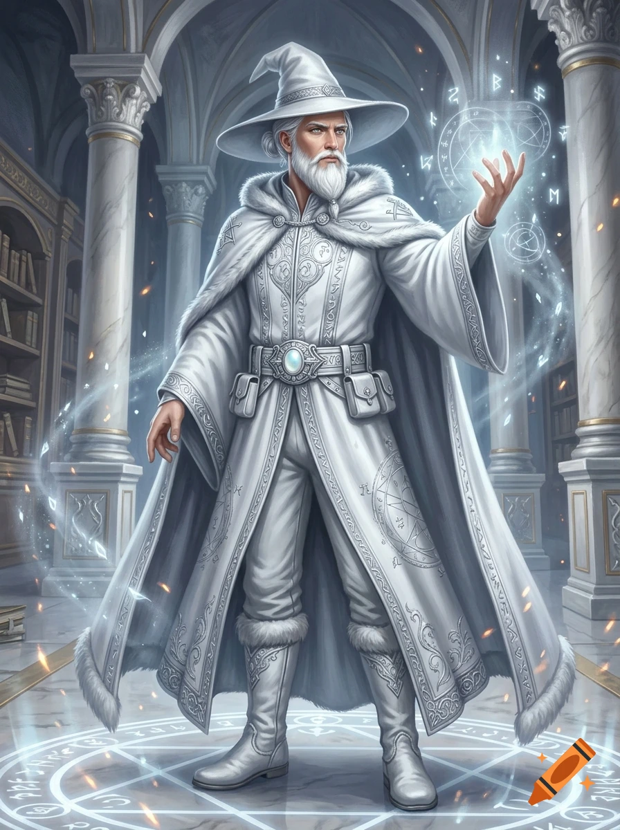 Digital illustration of a young, white-haired wizard in elaborate white robes and pointed hat, summoning magical runes in a grand hall.