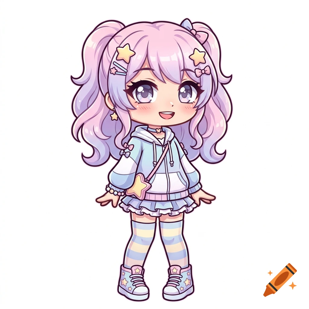 Chibi anime girl with pink and purple pigtails, pastel hoodie, skirt, and striped socks against a white background.