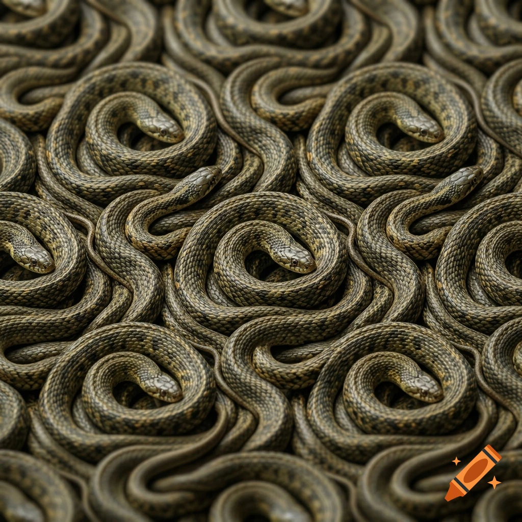 A repeating photorealistic pattern of interwoven green snakes coiled together.