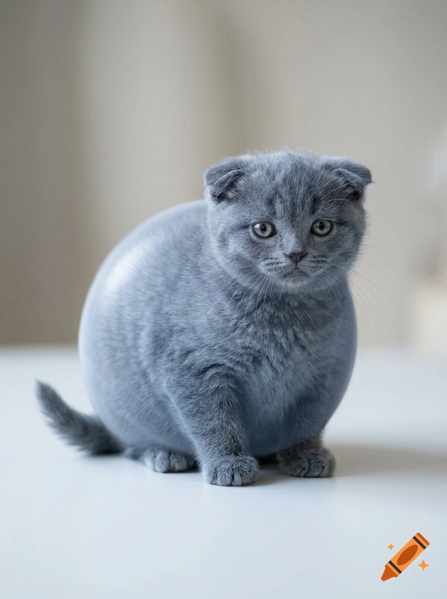 Photorealistic image of a fluffy gray Scottish Fold kitten with an inflated, rounded body sitting on a white surface.
