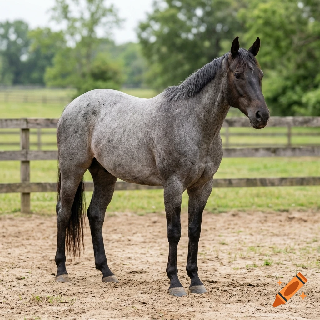 Photorealistic image of a blue roan quarter horse standing in a dirt paddock with a wooden fence and trees in the background.