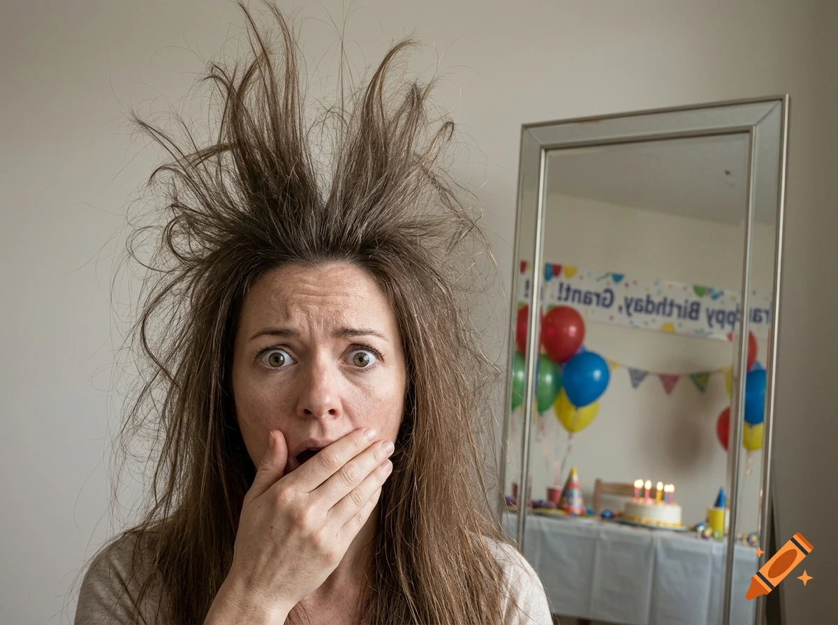 Photorealistic image of a woman with static-charged hair standing on end, looking shocked with her hand over her mouth, reflecting in a mirror.