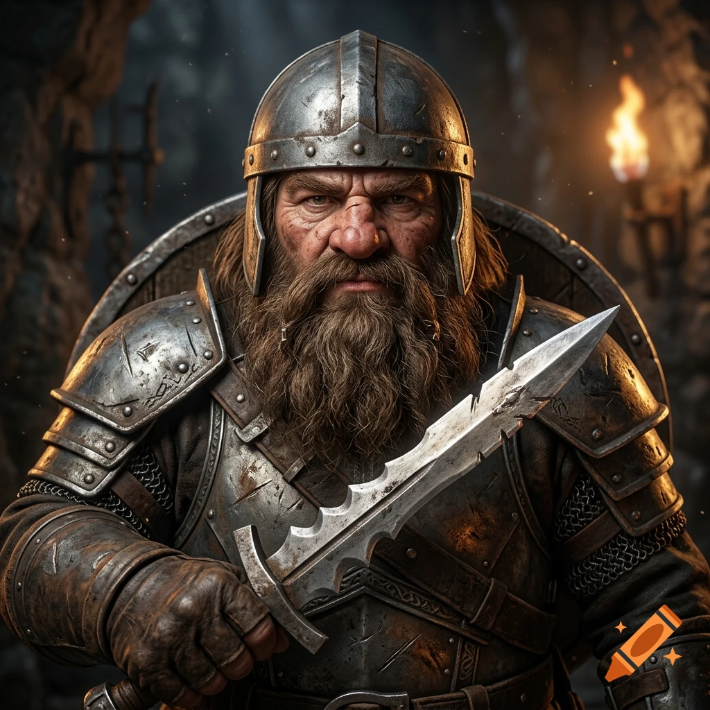 Close-up portrait of a fierce dwarf warrior with a braided beard, wearing a steel helmet and armor, holding a short sword.