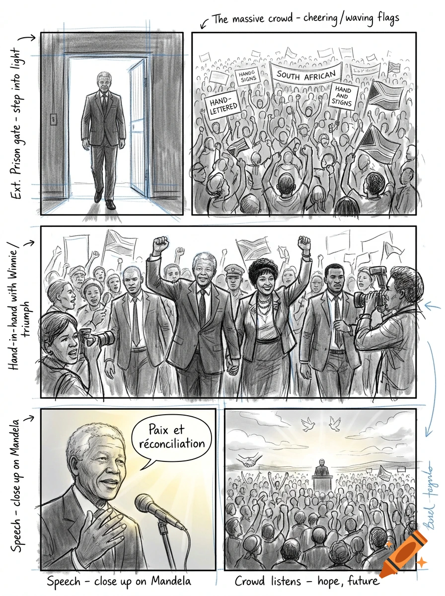 A black and white comic book style storyboard depicting the release and speech of Nelson Mandela.