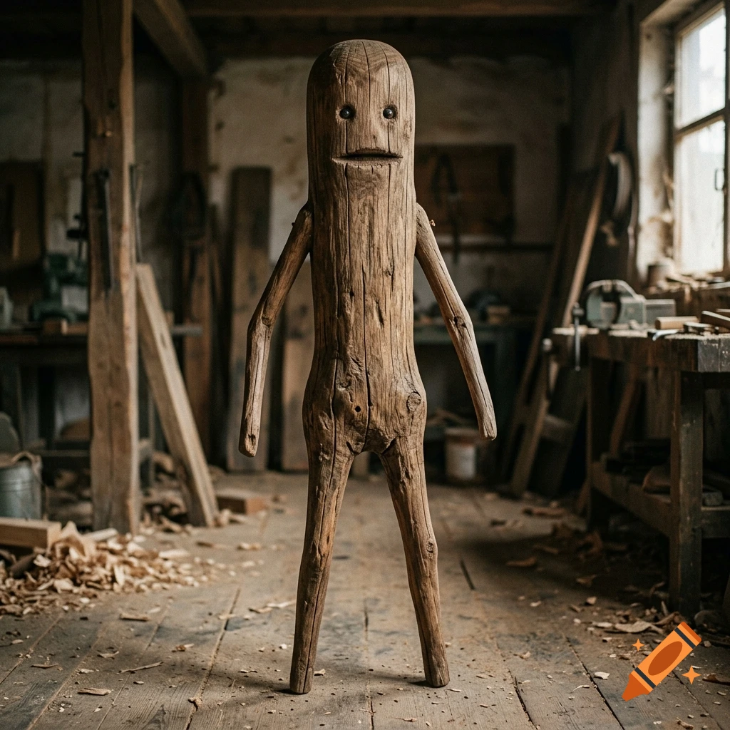 A photorealistic image of a bizarre anthropomorphic wooden creature standing in a rustic woodworking workshop.