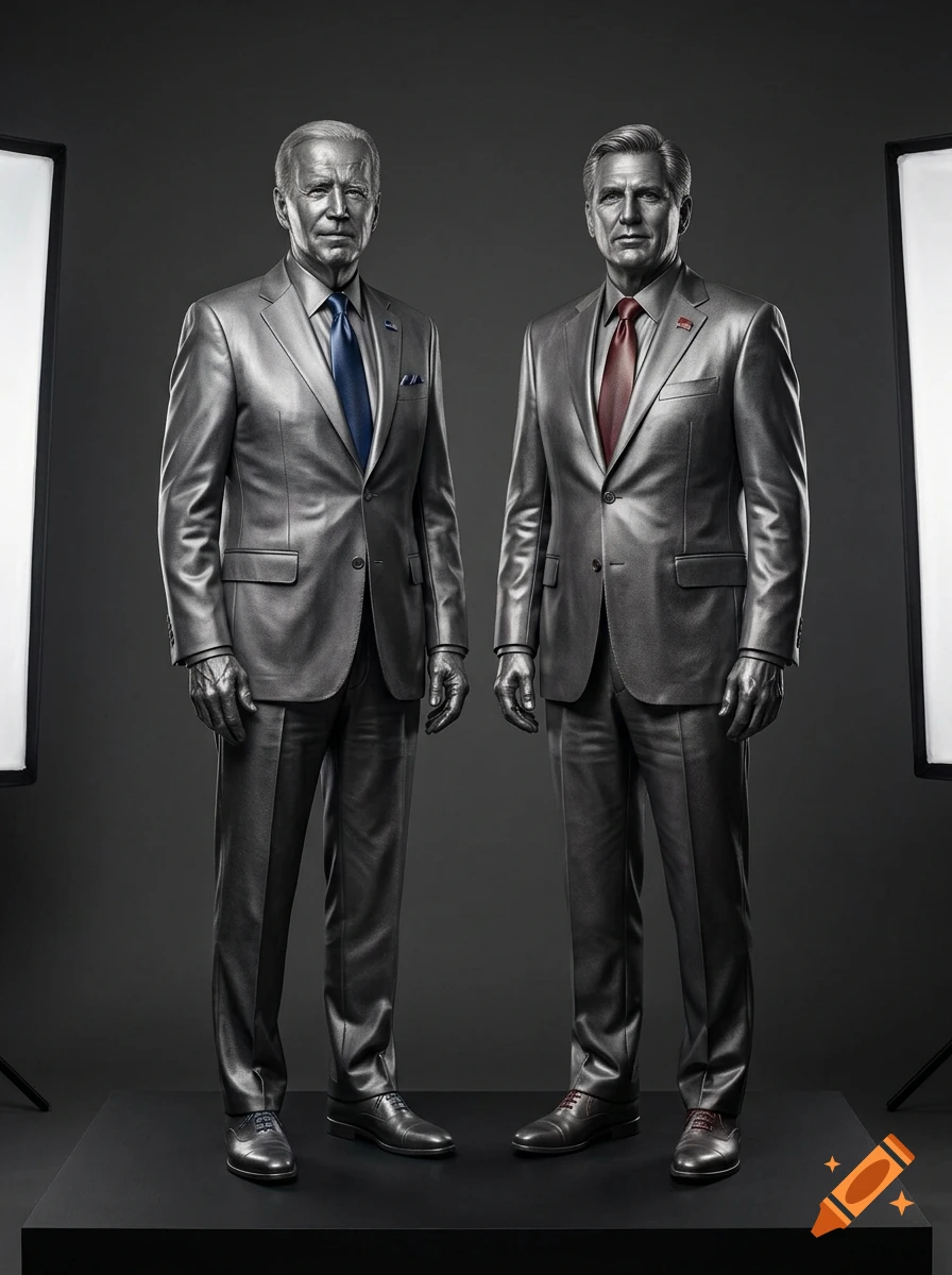 Monochrome studio photo of two men resembling Joe Biden and Kevin McCarthy, posed as statues in suits with colored ties against a dark background.
