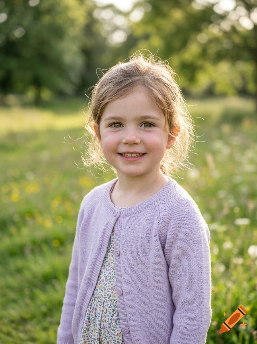 Photorealistic outdoor portrait of a smiling 5-year-old girl with dirty blonde hair wearing a light purple cardigan in a grassy field.