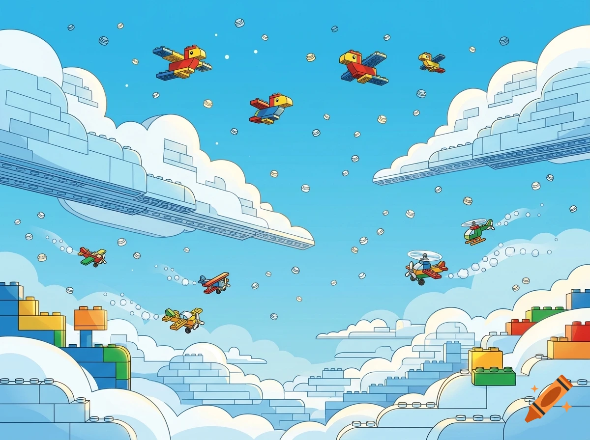 2d illustration of a sky filled with lego clouds, flying lego airplanes, and helicopters.