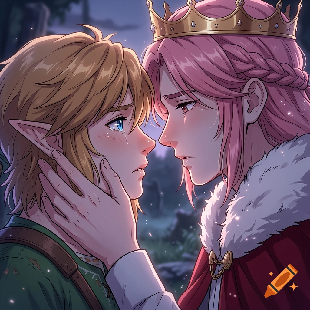 Close-up anime illustration of Link and Technoblade looking into each other's eyes emotionally, with soft twilight lighting.