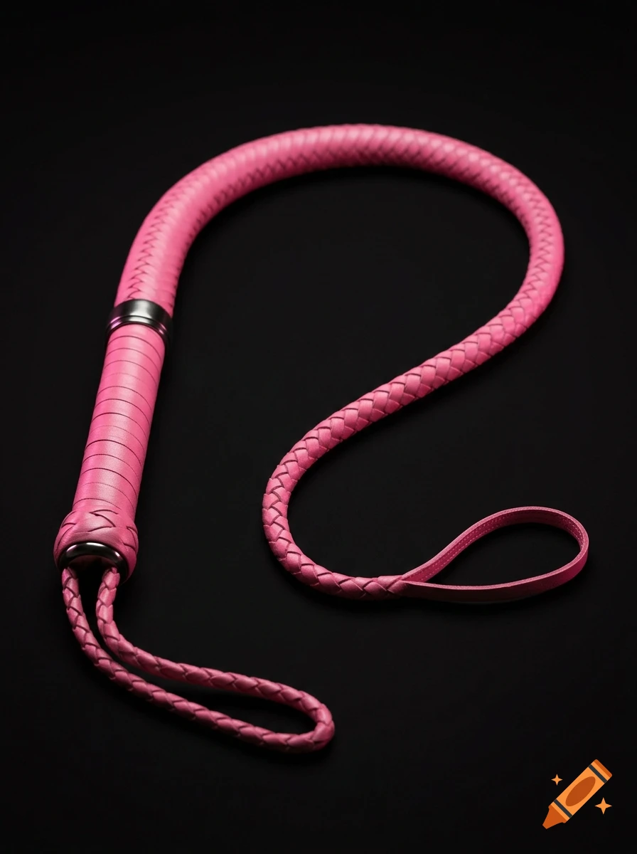A pink leather whip with silver accents and looped handles on a solid black background.