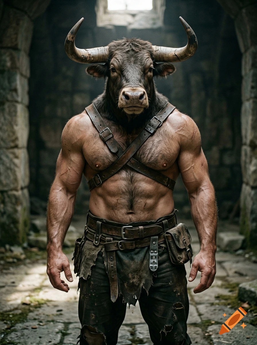 Photorealistic image of a muscular minotaur with bull horns standing in a stone dungeon.