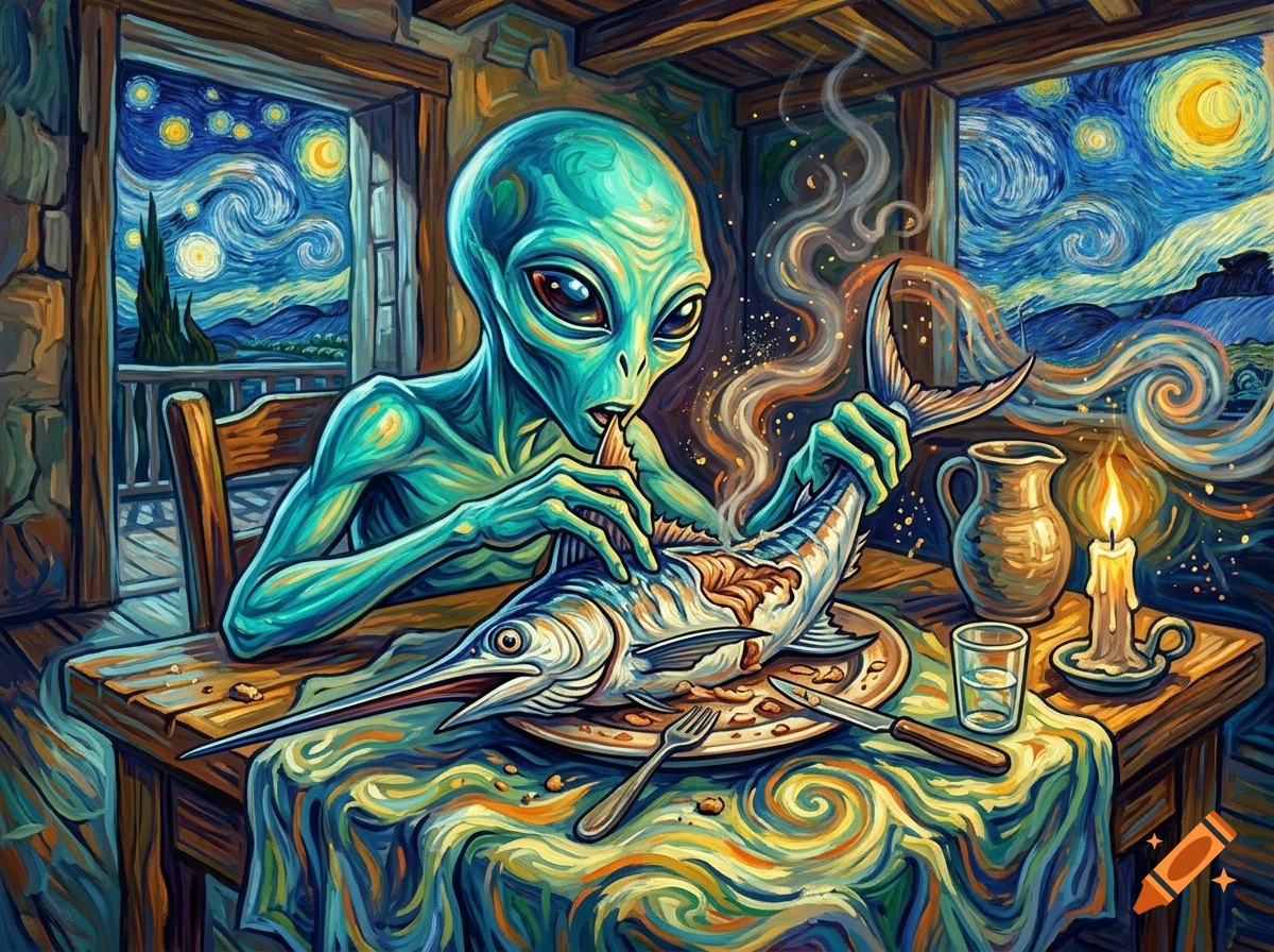 An alien sitting at a wooden table inside a room, eating a large fish in the distinct swirling brushstroke style of Van Gogh.