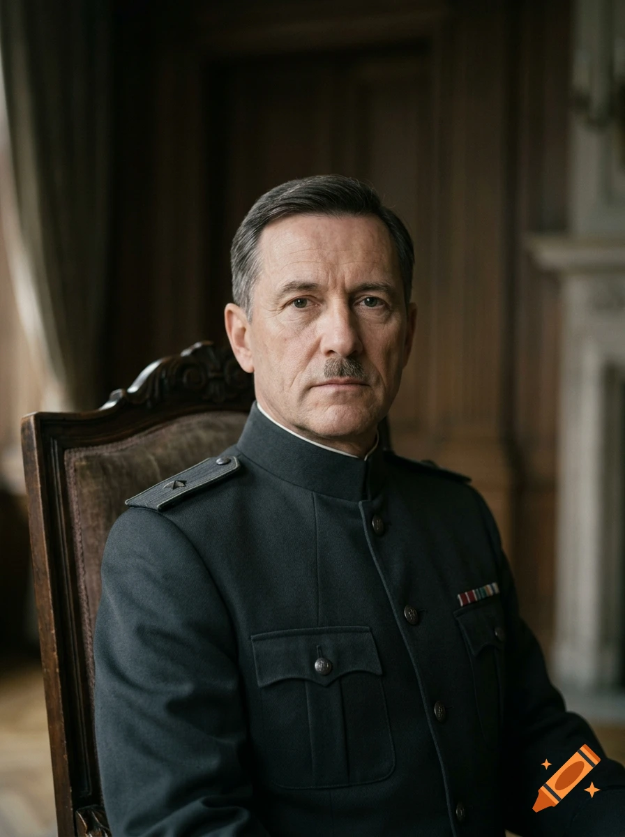 Photorealistic portrait of a middle-aged man with a short mustache in a military-style uniform sitting in a wooden chair.