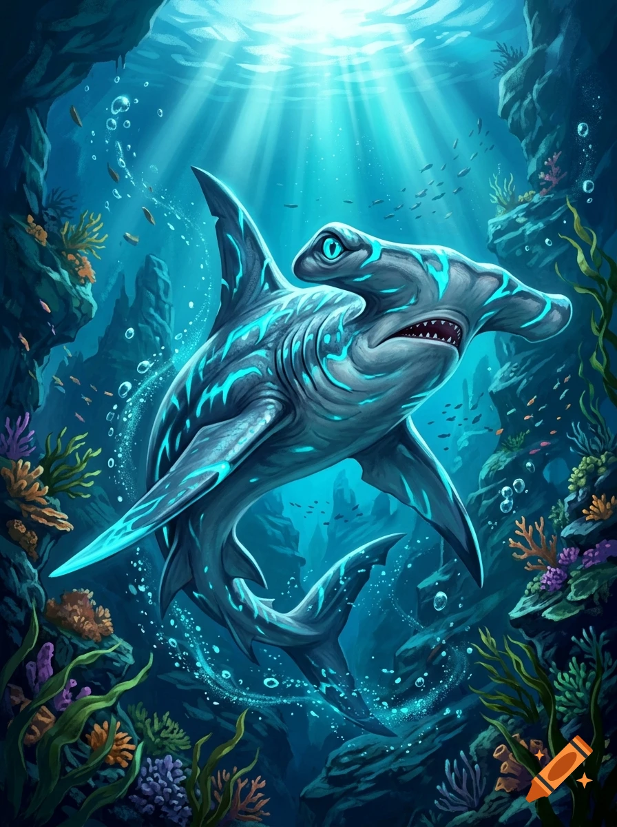 Digital art of a glowing, blue-patterned hammerhead shark swimming in an underwater cave with coral reefs and sunlight shining from above.