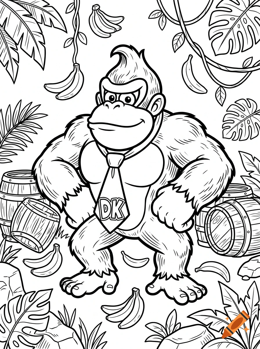 Black and white coloring page of Donkey Kong surrounded by barrels, bananas, and jungle foliage.