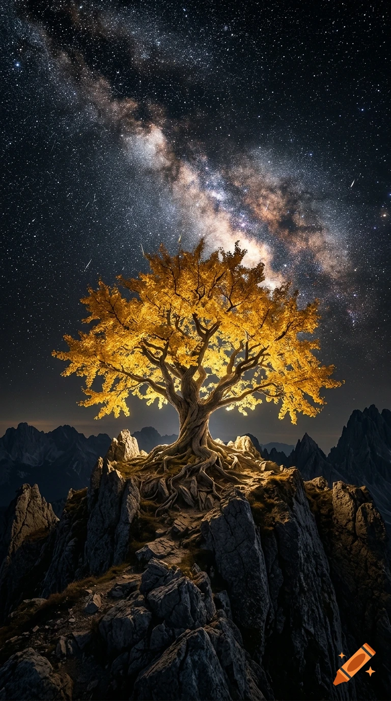 Photorealistic image of a glowing golden ginkgo tree on a rocky mountain peak under a starry Milky Way galaxy.