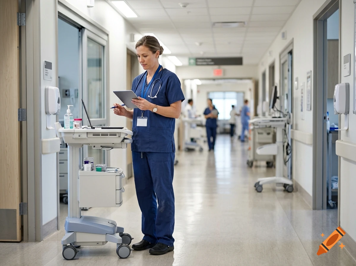 Photorealistic image of a nurse standing in a hospital hallway, holding a tablet near a medical cart.