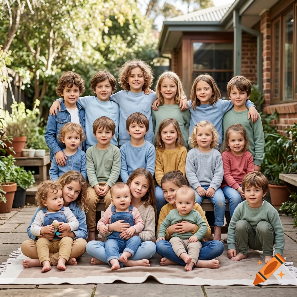 A large group of children of various ages posing together outdoors on a blanket in front of a house.