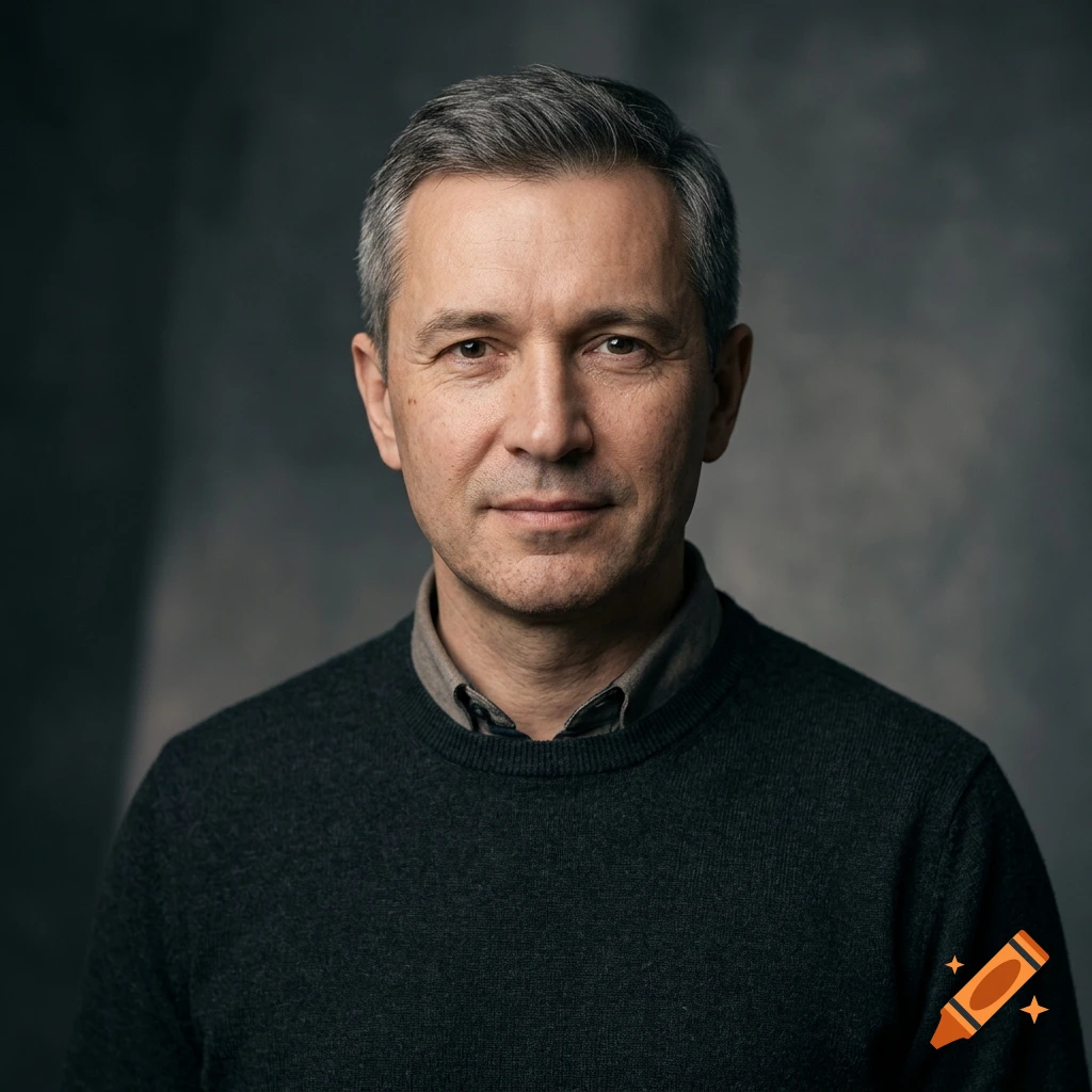 Photorealistic studio portrait of a middle-aged man with short graying hair wearing a dark gray sweater against a mottled gray background.