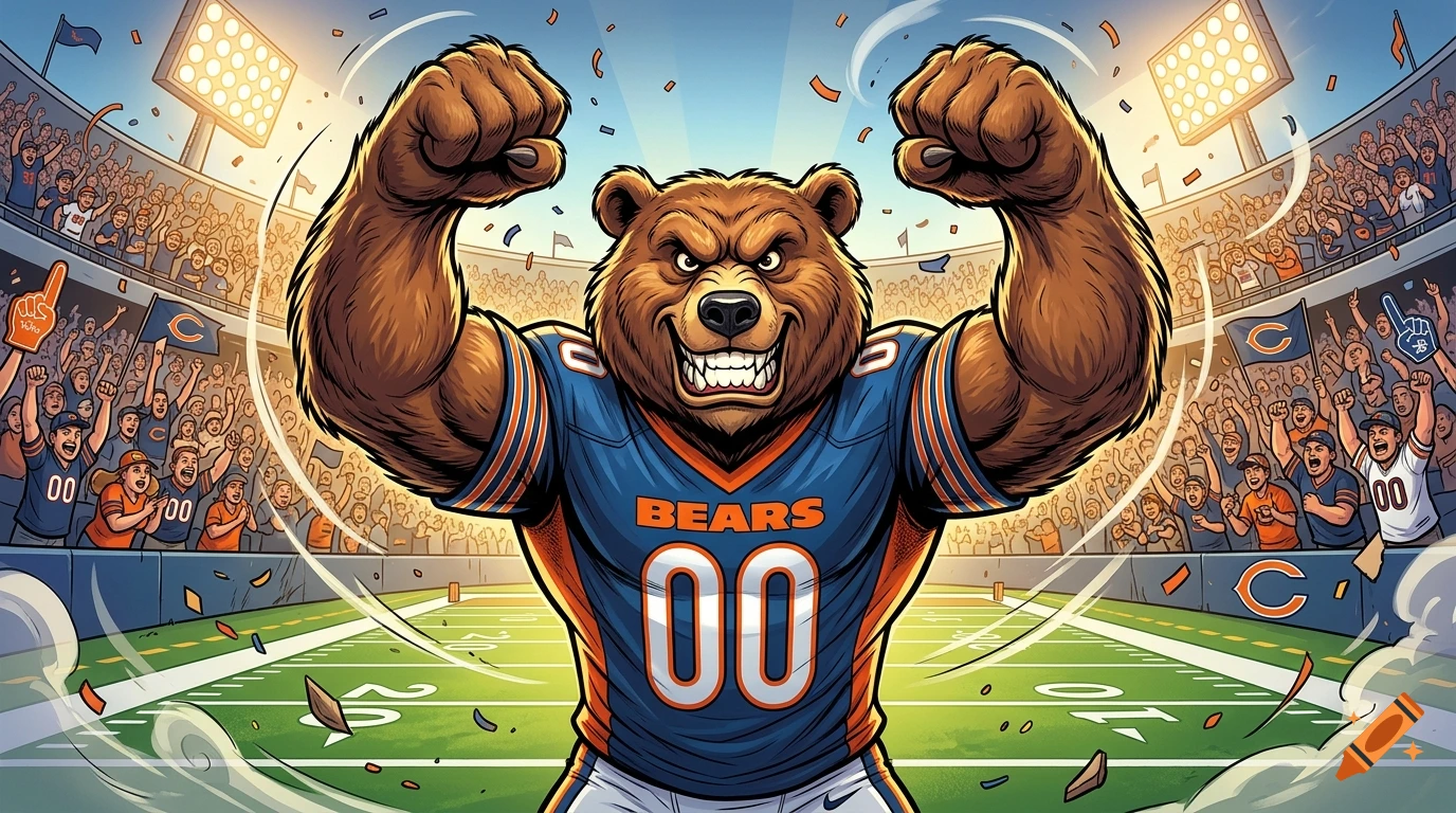 Comic-style cartoon illustration of a muscular, fierce brown bear in a blue and orange Chicago Bears football jersey cheering in a stadium.