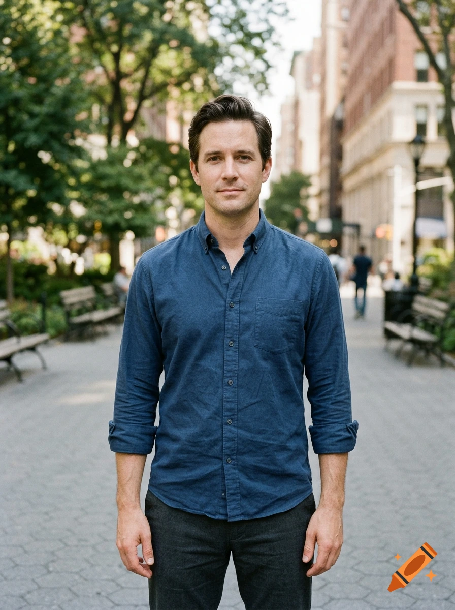 Photorealistic portrait of a man in a blue button-down shirt standing on a city street.