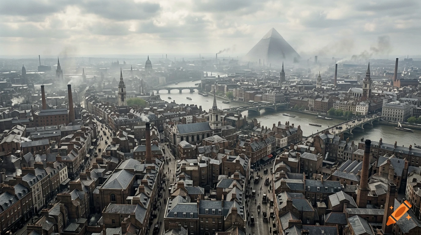 Aerial view of a hazy Victorian-era London cityscape with a large pyramid in the distance, photorealistic style.