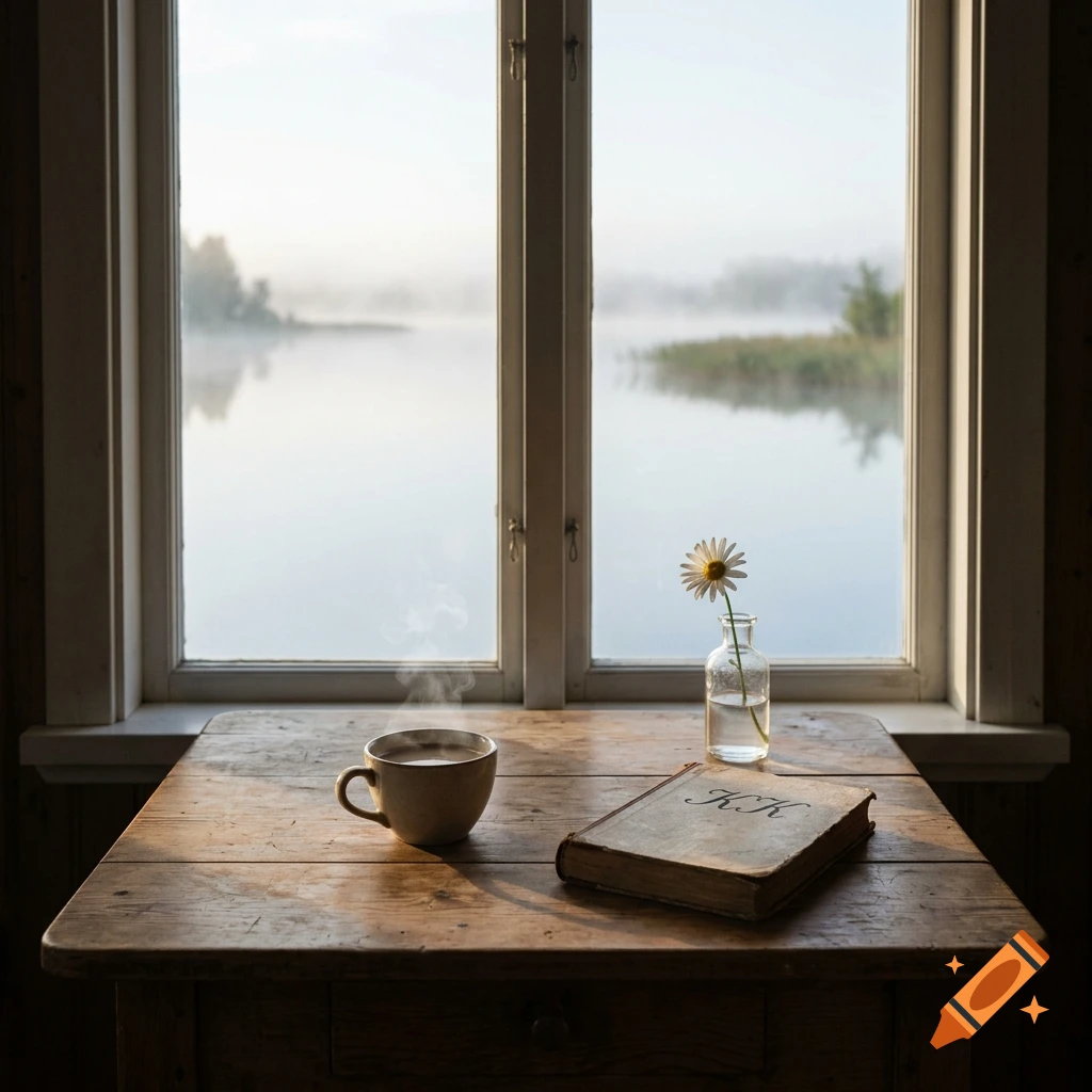 A steaming cup of coffee and a closed book sit on a wooden table beside a small vase with a daisy, overlooking a misty lake through a window.
