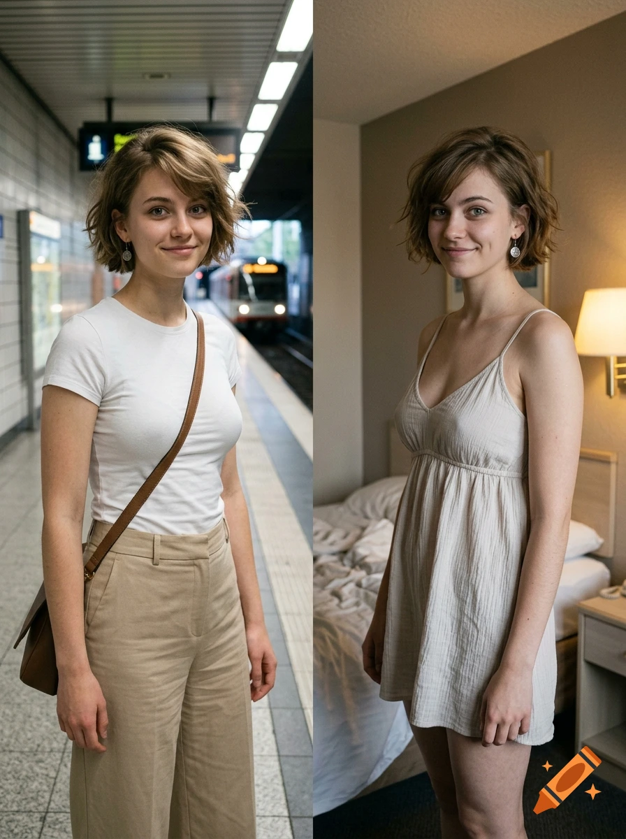 Split-screen photorealistic image of a young European woman with short brown hair and green eyes in two different settings.
