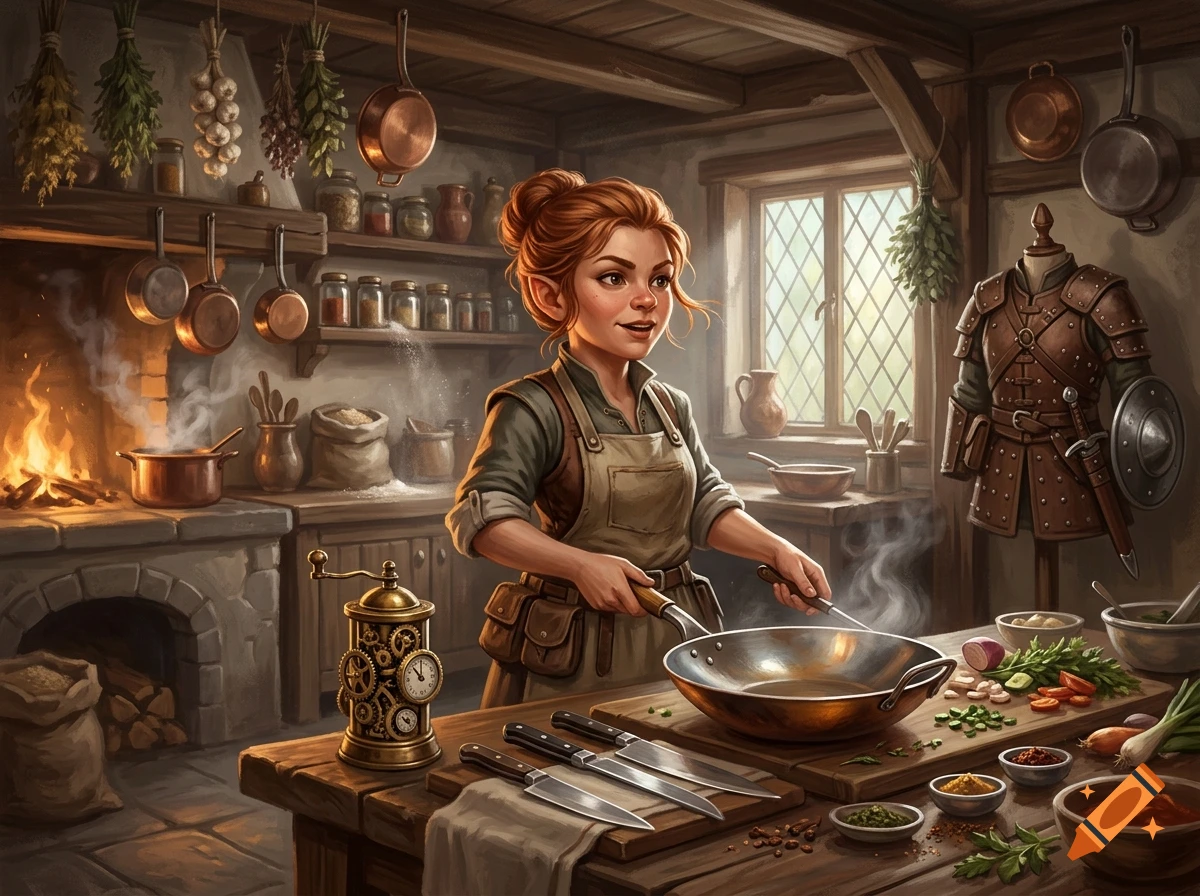 A female halfling chef in a rustic kitchen cooking with a wok, digital painting style.