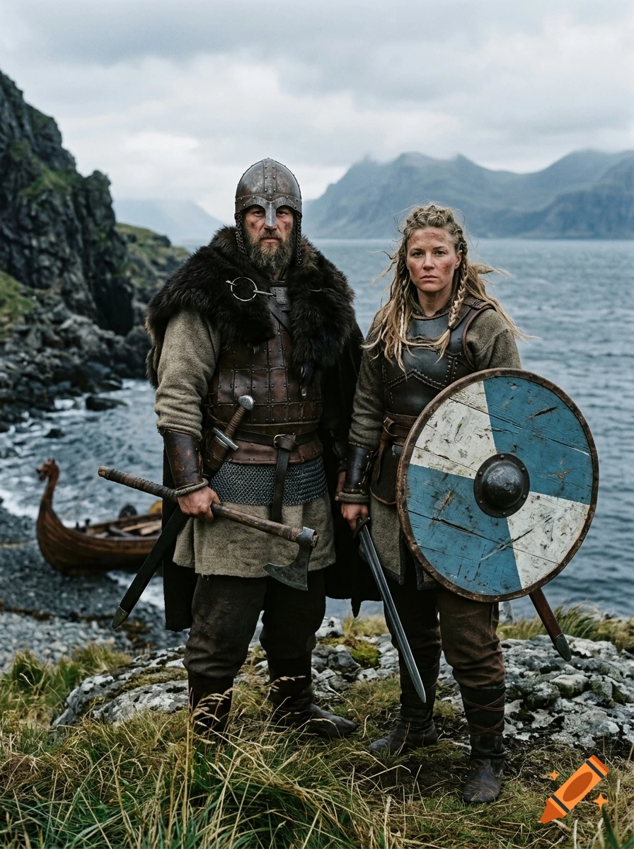 Photorealistic image of a male viking warrior in armor with a helmet and a female shieldmaiden with a round blue and white shield standing on a rocky shoreline with a boat and mountains in the background.