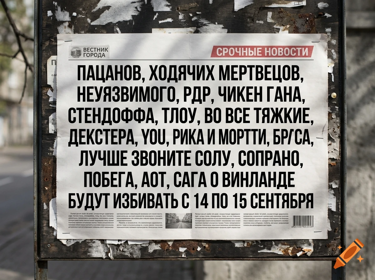 A close-up of a Russian text-based announcement poster pinned to an old wooden notice board.