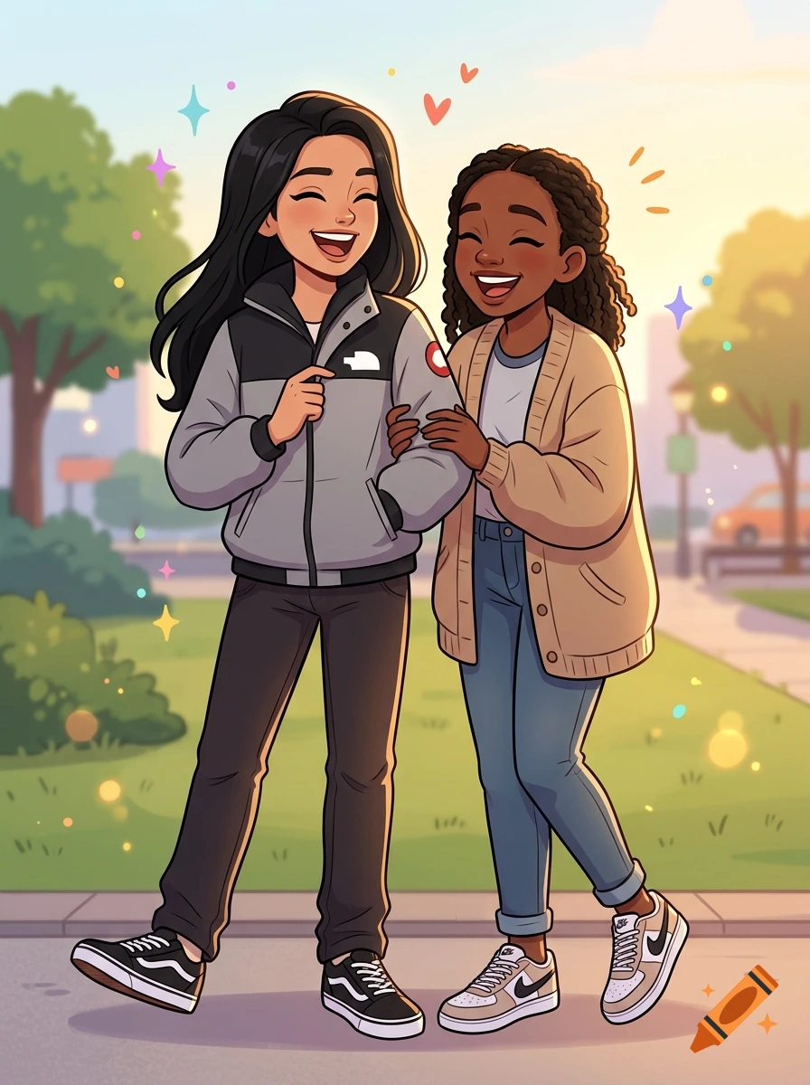 Two smiling teenage girls in a park, one with long black hair and a grey jacket, the other with braided hair and a beige cardigan, anime style.