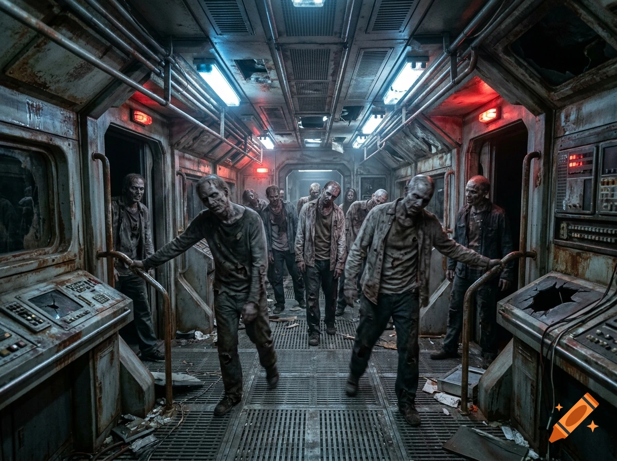 Creepy zombies walking through the rundown, industrial corridor of a spaceship in a photorealistic style.