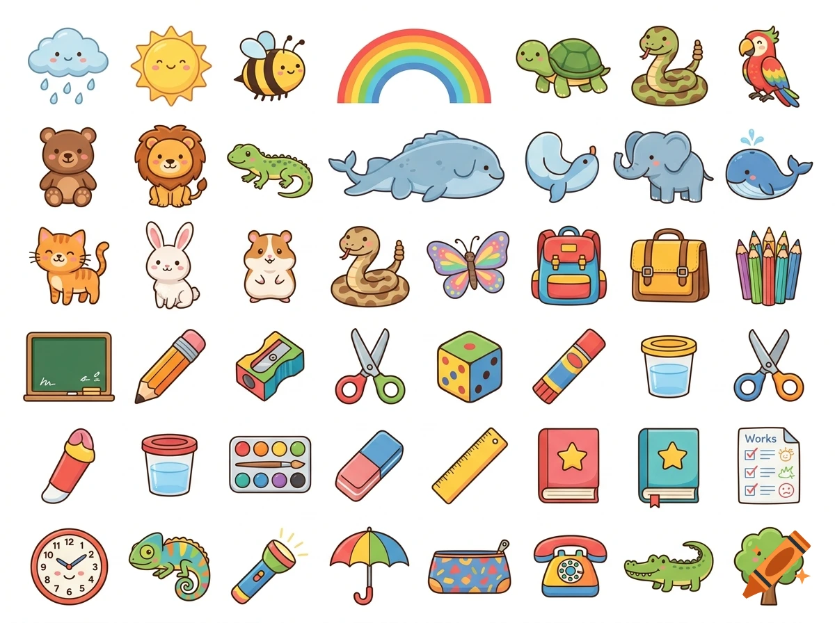 A collection of cute cartoon illustrations of animals, weather elements, and school supplies for kids.