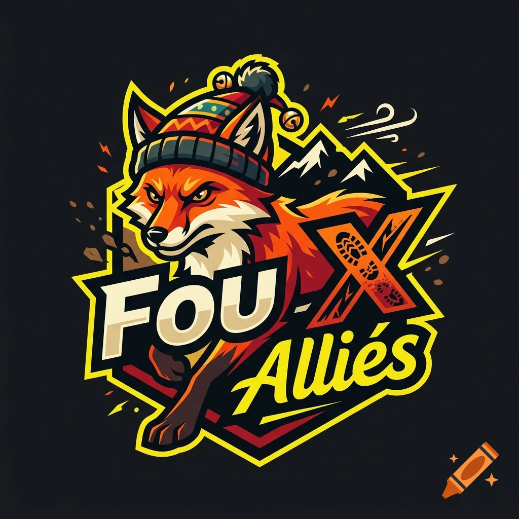 Digital illustration of a fox wearing a winter hat and bells, with mountains and the text FouX Alliés in the background.