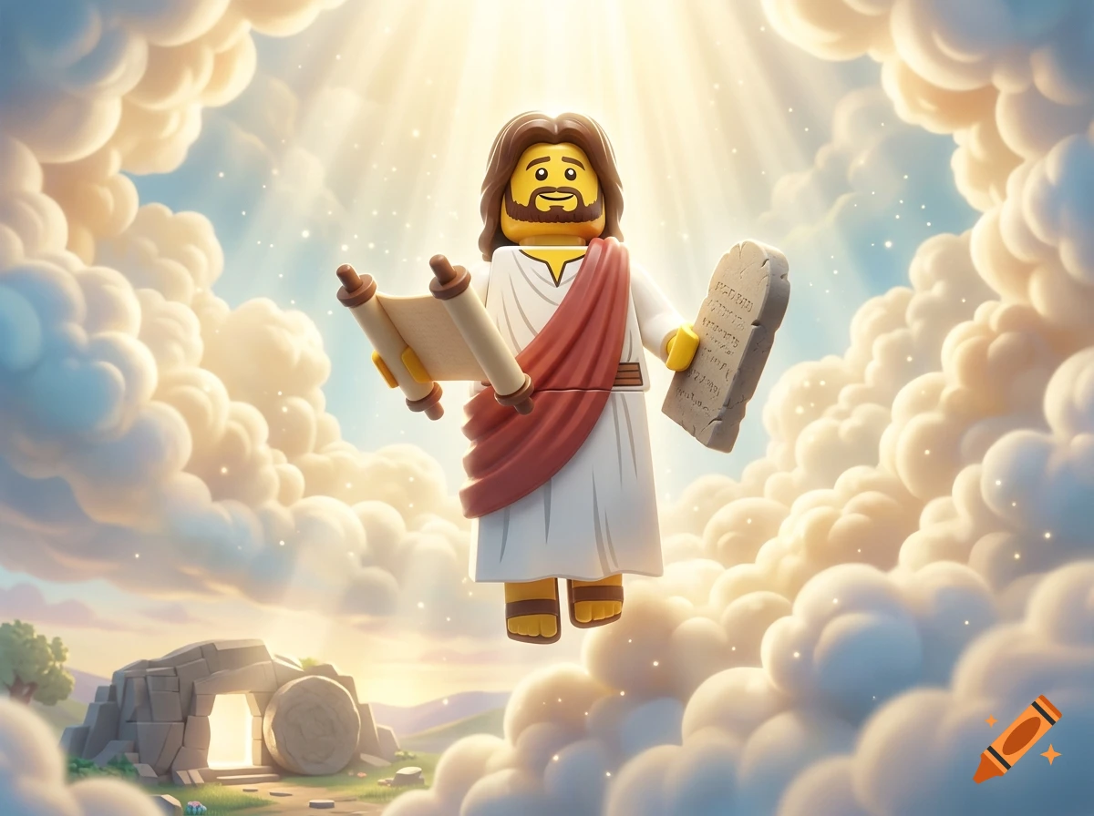 Lego-style Jesus ascending through clouds, holding a scroll and stone tablet, with an empty tomb visible below.