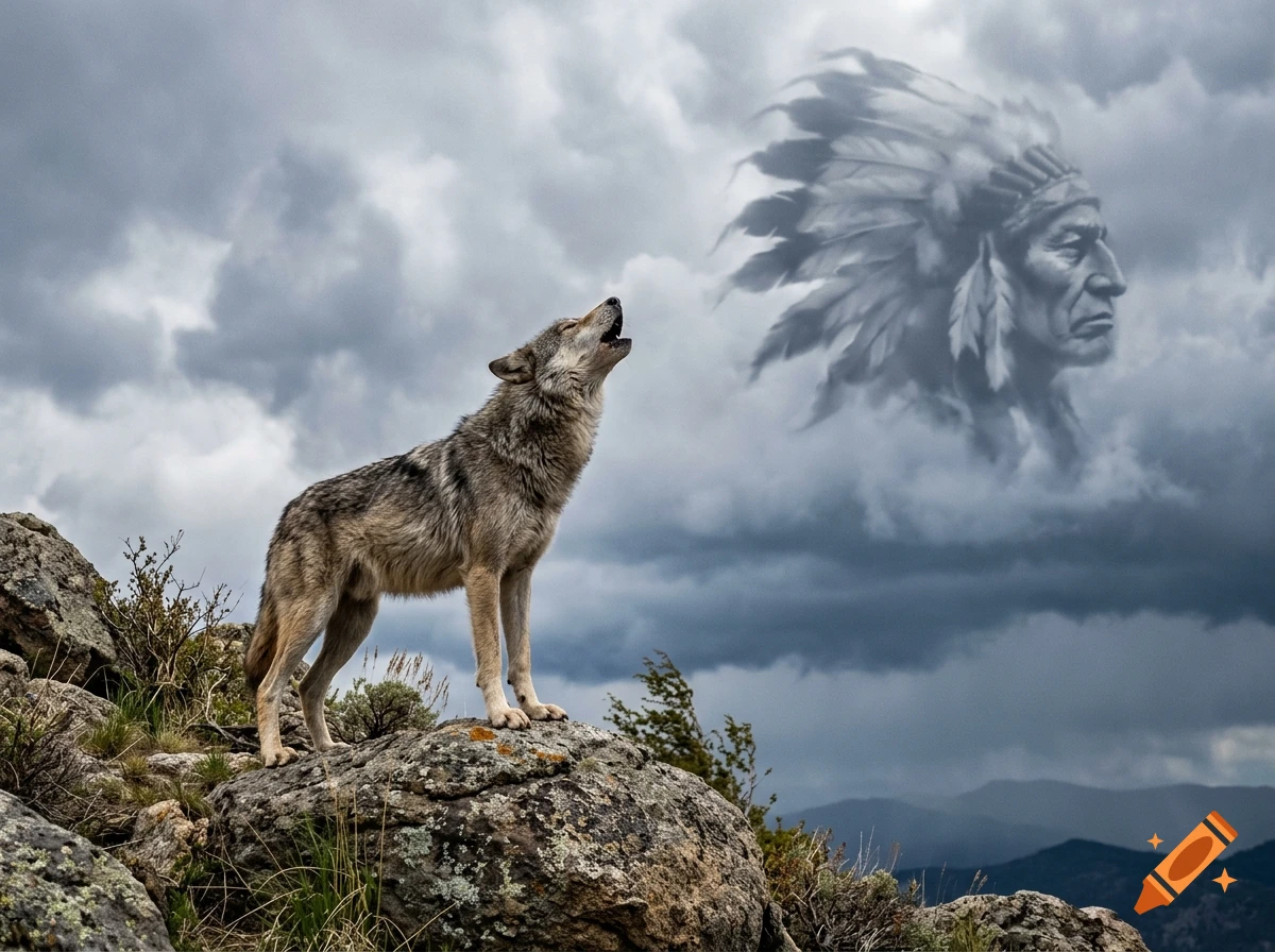Photorealistic image of a grey wolf standing on a rocky outcrop, howling at a cloudy sky where an Indian chief's face is formed in the clouds.