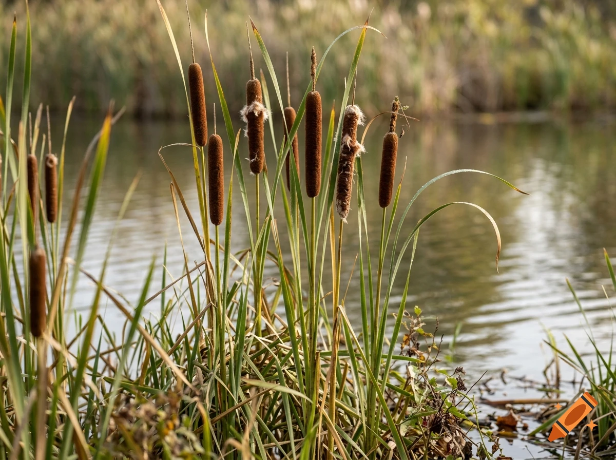 Cattails growing by the edge of a calm pond with green reeds and water in the background, photorealistic.