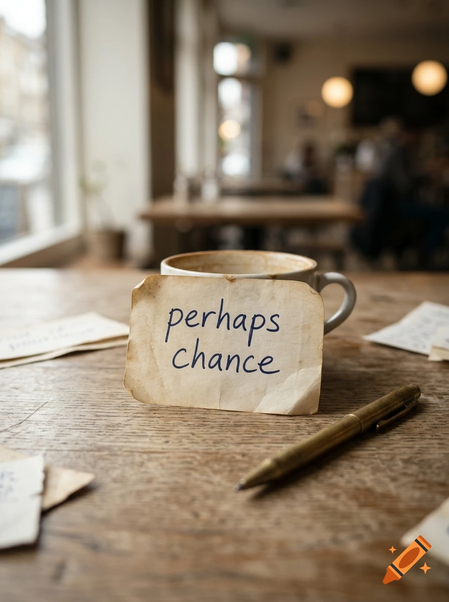 Photorealistic close-up of a handwritten note reading 'perhaps chance' next to a coffee cup and pen on a wooden table in a cafe.