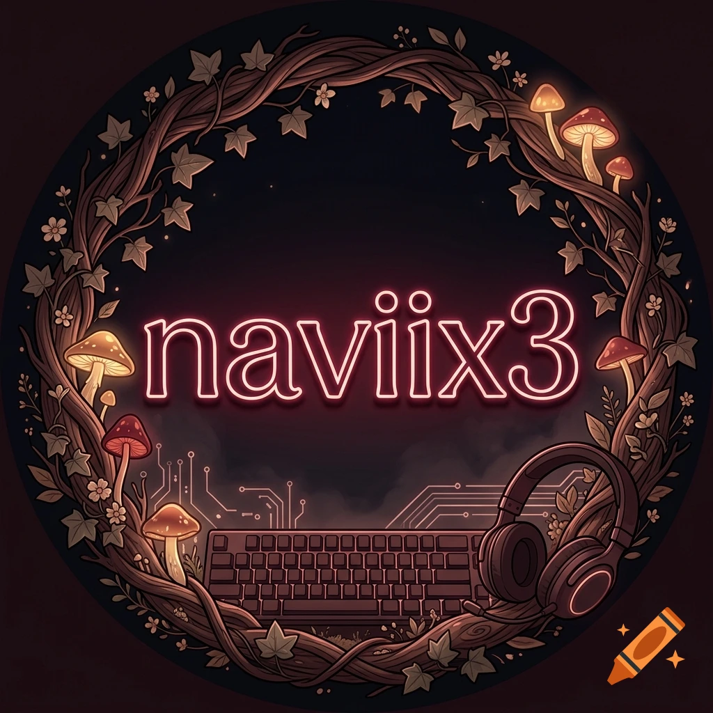 Round profile picture logo with the neon text naviix3, surrounded by vine and mushroom cottagecore frame, keyboard, and headphones in a dark anime style.